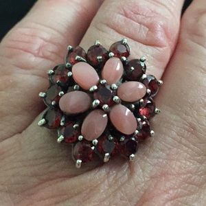 Vintage antique 925 sterling silver garnet & pink moonstone size 8 cocktail ring